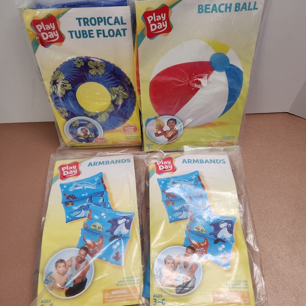 4 Play Day Inflatables - 13" Beach Ball, 2 Sets of Kids Armbands, Tropical Tube